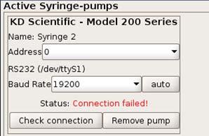 Click Add to try the connection. A new syringe pump will be added in the Active Syringe Pumps section, even if the settings are not yet correct.