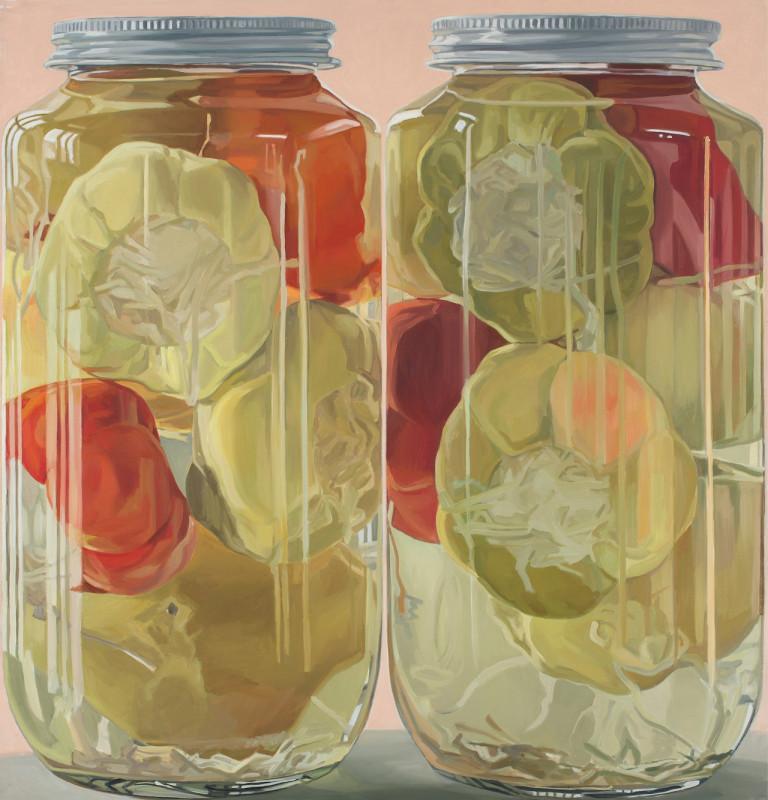 Janet Fish, Stuffed Peppers (1970), oil on canvas, 59 x 57 in Janet Fish: Glass & Plastic, The Early Years, 1968 1978 continues at DC Moore Gallery