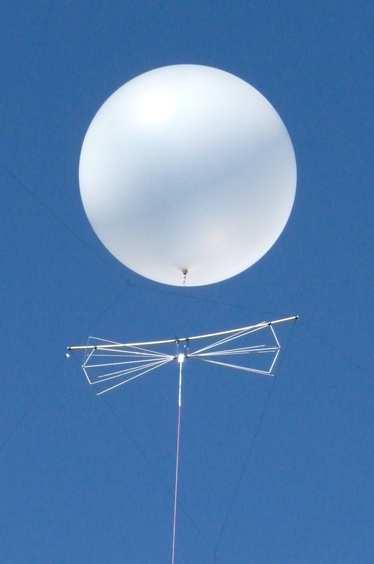In the lower left the AERA station used for the calibration measurement is visible. At a distance of 30 m a balloon carries the calibrated transmitter antenna.