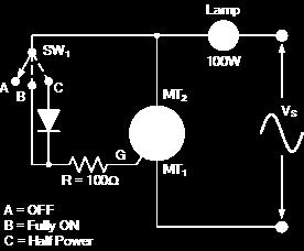 The circuit shows a triac used as a simple static AC power switch providing an ON - OFF function similar in operation to the previous DC circuit.