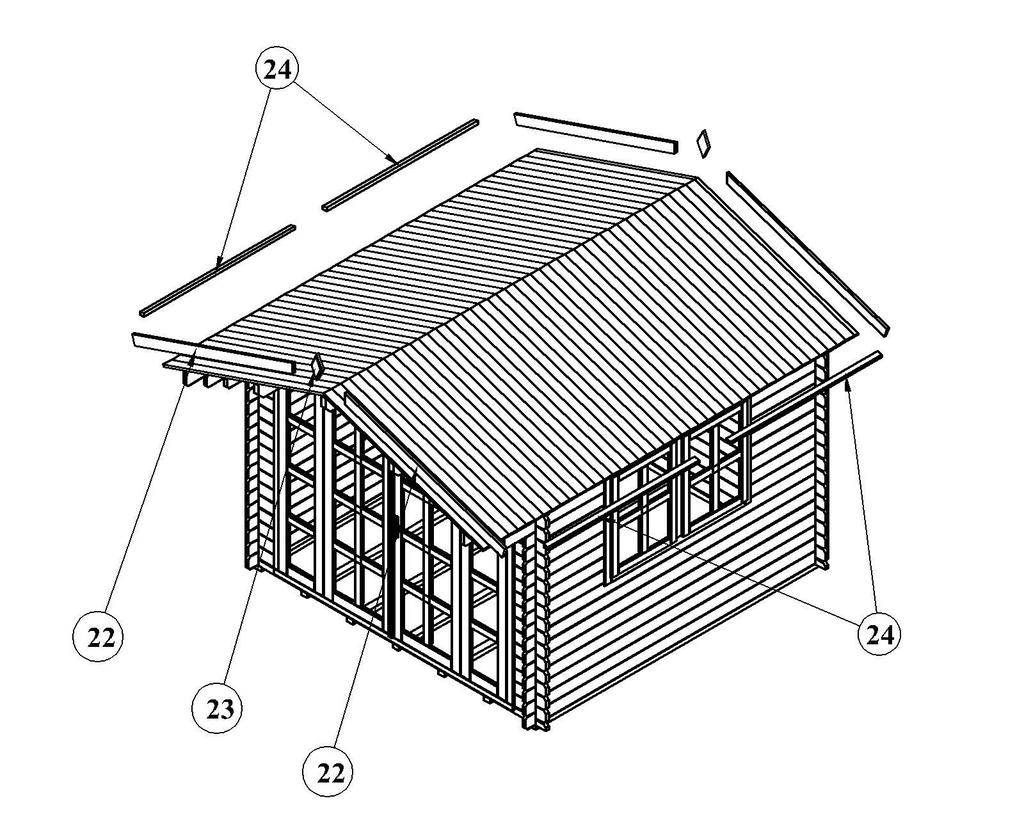 INSTALLING FASCIA POSITION DESIGNATION DIMENSION QUANTITY (inch) 22 Fascia 66.53 x 3.54 x 0.74 4 23 Roof decoration 8.66 x 3.93 x 0.74 2 24 Roof end boards 72.44 x 1.57 x 0.