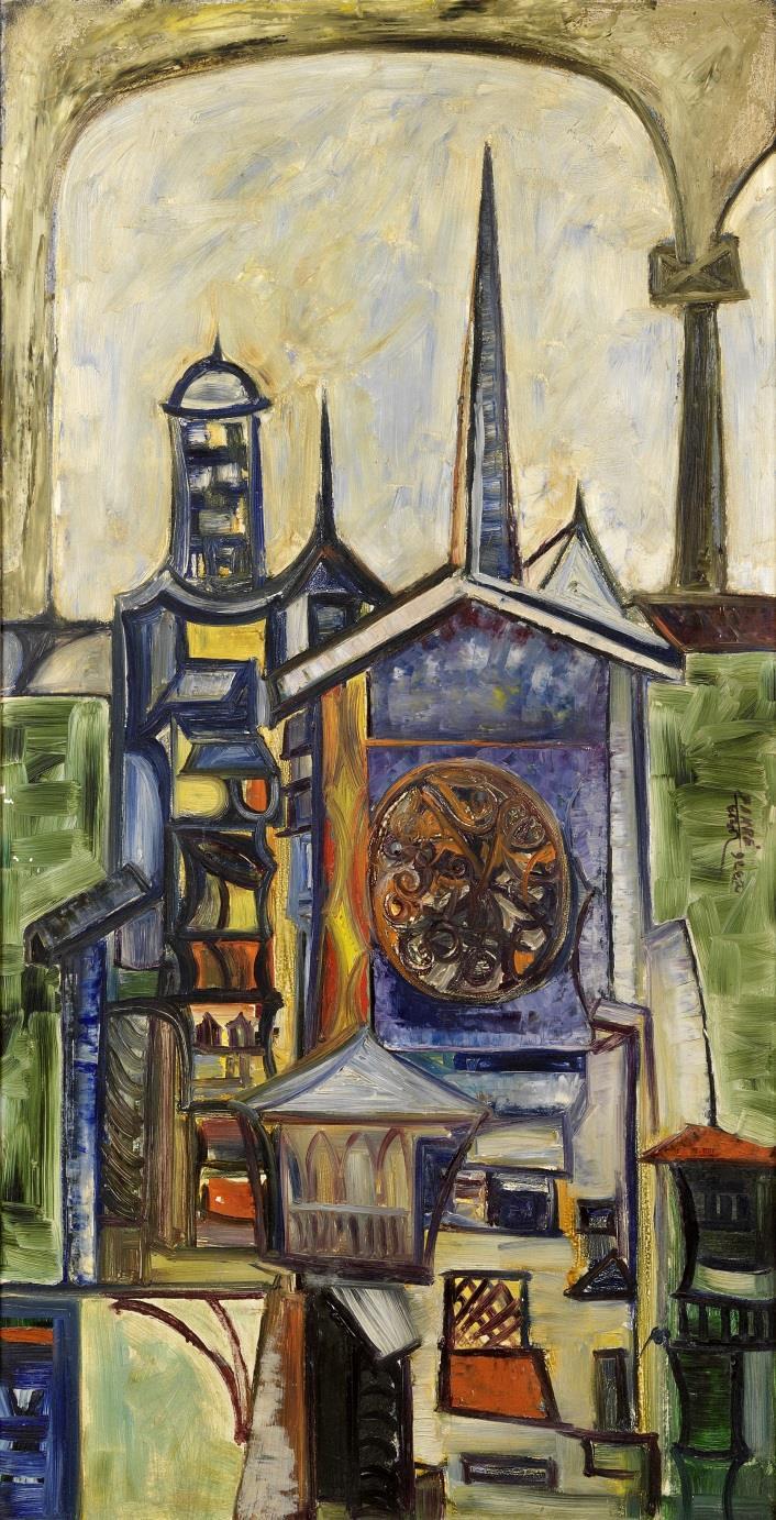 3. Untitled (Townscape with Cathedral), 1965 Oil on board Signed and