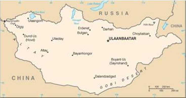 Location: Central Asia, located between the Russian Federation and the People s Republic of China Capital: Ulaanbaatar Area: 1,566,500 sq.