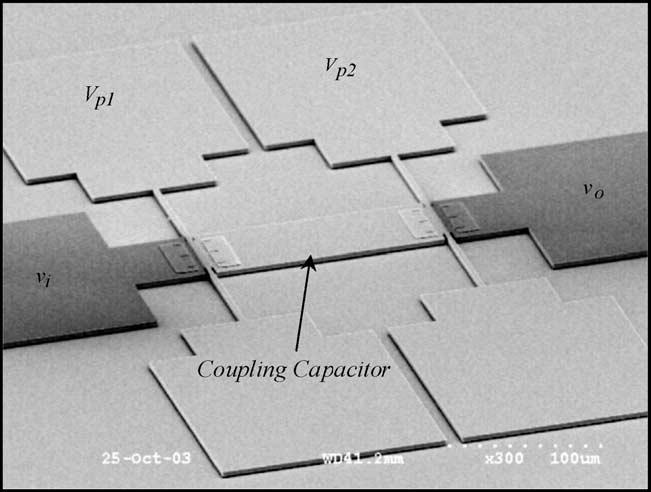Implementation with integrated coupling capacitor To overcome the problems associated with off-chip interconnection and large parasitics, capacitively coupled filters with integrated coupling