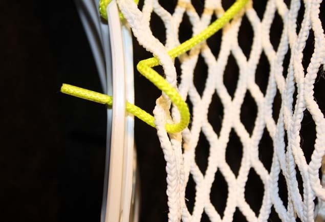 Pull the string over and above the mesh. Insert the string into the 6th mesh diamond.