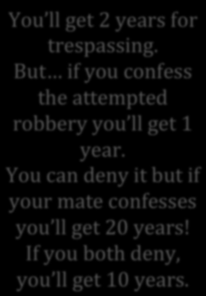 You ll get 2 years for trespassing. But if you confess the attempted robbery you ll get 1 year.