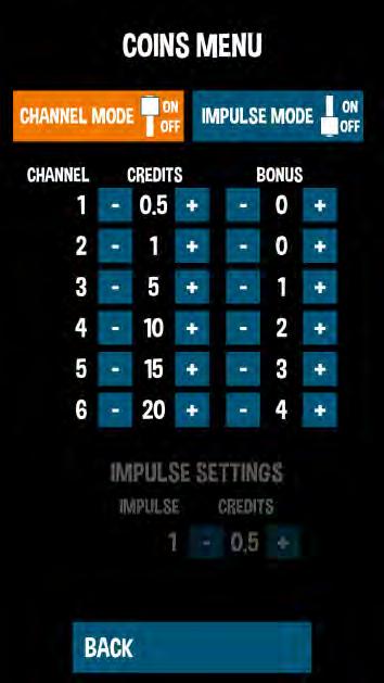 5.5 CREDITS SETTINGS FREE PLAY ON/OFF Free play, no credits needed.