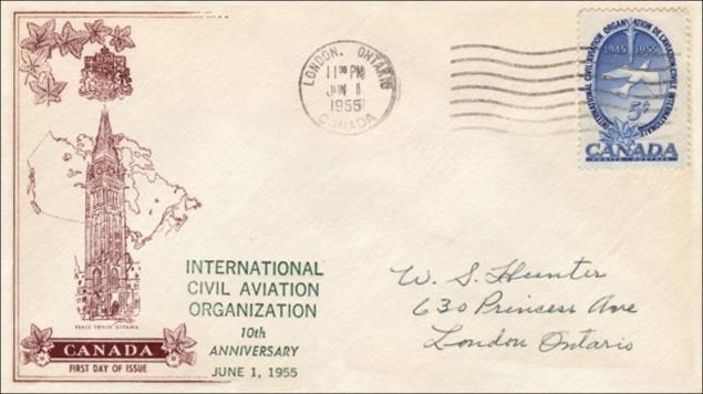 Figure 7: First day cover showing the coat of arms, the map of Canada and the Peace