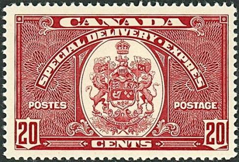 The cachet shown at Figure 8 illustrates the coat of arms of Canada, as per stamp Special Delivery stamp (10-cent green, Scott catalogue E11) issued on 16 September 1946 and shown here at the left