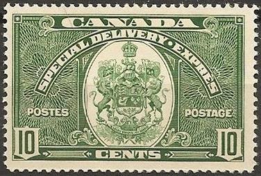 On 1 March 1939, the special delivery rate was reduced to 10-cent; existing stock of the 20-cent stamp was overprinted with striker bars added to reflect the new rate (Scott E9).
