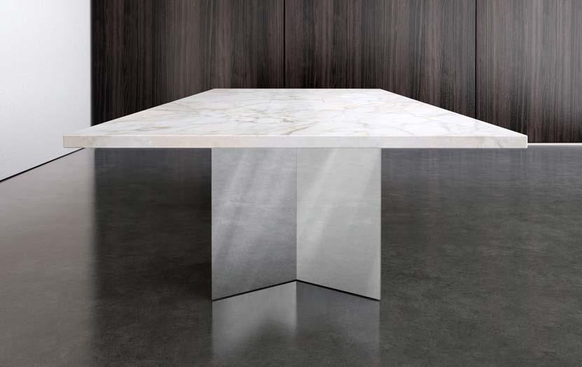 Top size: 76" x 54" x 29"H Rectangle top: Cremo Calcatta Marble edge: 1-1/2" SQ base: Polished stainless steel Right size: 132" x 48/35" x