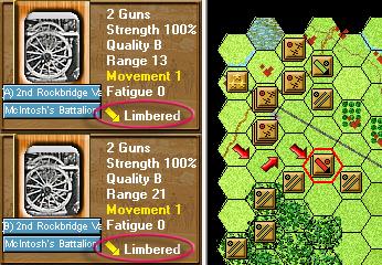 Select the two Rockbridge artillery batteries as shown. Click the Change Formation button on the Toolbar.