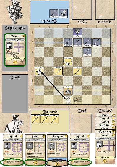 FOR THE CROWN Sample Play v1.0 11 Turn 11 Yellow player Yellow holds 2 Legends, Peon, Champion, and Armor (the same Armor as last turn; he just shuffled).