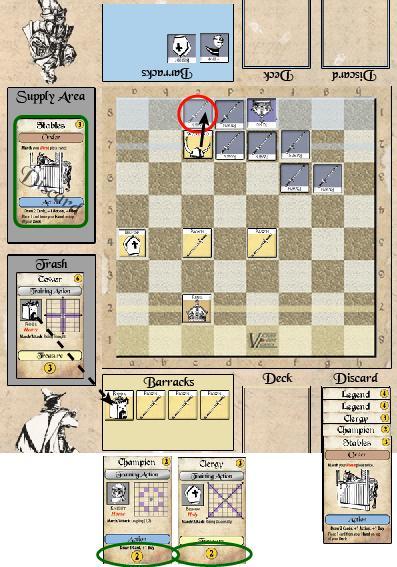 FOR THE CROWN Sample Play v1.0 13 Turn 13 Yellow player Yellow holds 2 Legends, Clergy, Tower, and Champion.