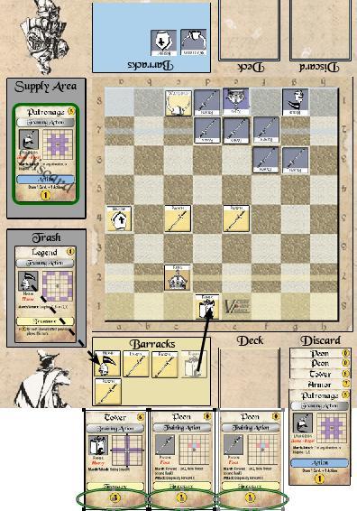 FOR THE CROWN Sample Play v1.0 14 Turn 14 Yellow player Yellow holds 2 Peons, Legend, Tower, and Armor.