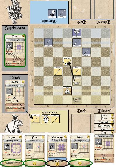 FOR THE CROWN Sample Play v1.0 9 Turn 9 Yellow player Yellow has 2 Peons, a Guard, a Legend, and a Patronage in Hand. Order Phase: With his Warlord finally active, Yellow Marches it to d5.