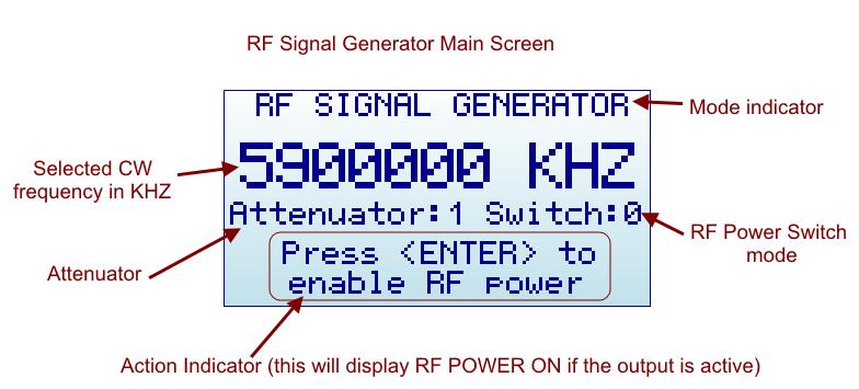 Signal Generator mode - Main Screen Upon start, RF Explorer Signal Generator goes to this mode automatically.