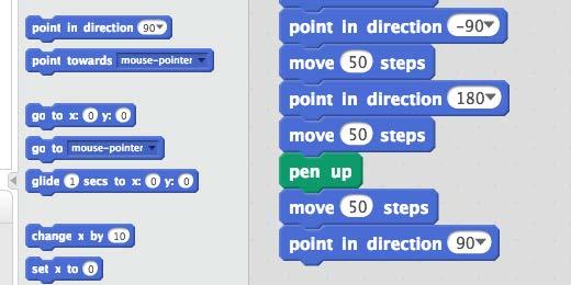 Change the number of steps to 50 and leave the direction at 90. Press the letter s to draw the square.