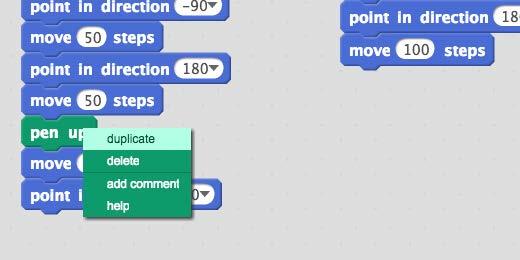 Add a point in direction code block and use 180 for the argument. Place a move code block and use 100 for the argument.