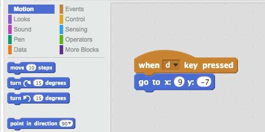 coordinate planes. Go to the Events section and place a when key pressed code block on to the canvas.