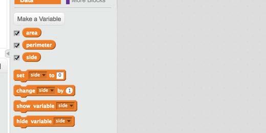 In addition to the variable block, Scratch will create four additional code blocks. We will use some of these blocks in our program later.