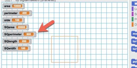 We can test the program to see if our math is working properly. Click the green flag then press the letter r to run the rectangle code. The area is 20,000 and the perimeter is 600, which is correct.