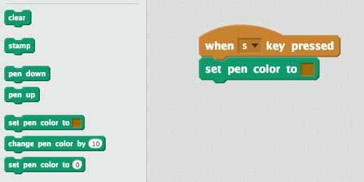 Click on the Pen section and attach a set pen color to code block to the condition code block. The color of the code block in my example is set to brown.