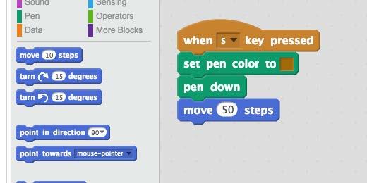 Before drawing we need to set the pen down onto the backdrop. Place a Pen down code block after the pen color code block.