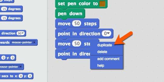 We can continue to return to the Motion Scripts section to place Move and point in direction code blocks but there is an easier way. Right click on the last Move code block and select duplicate.