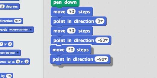 The Move code block and any code blocks attached below this code block will be duplicated and attached to the mouse pointer. Walk through the program instructions with students.