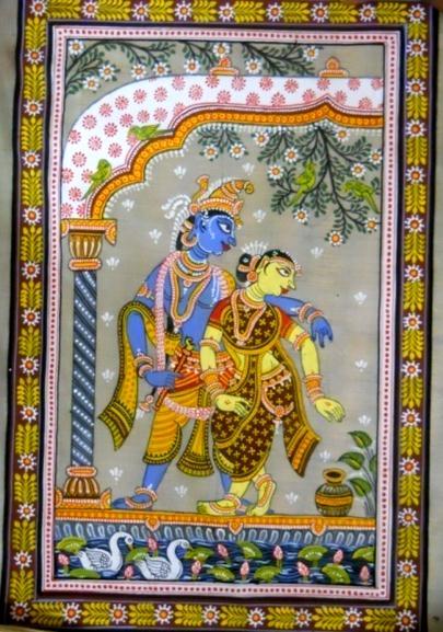 1)Orissa patachitra depicting Radha and Krishna, II Raghurajpur is a small village in Puri district renowned for patachitra, a traditional form of painting, a place where arts and crafts have reached