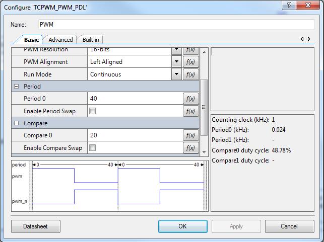 Parameter Settings The TCPWM Component is configured as a PWM with a period count of 40 and compare value of 20 counts. The PWM block is driven by a 1-kHz clock source. Figure 5.