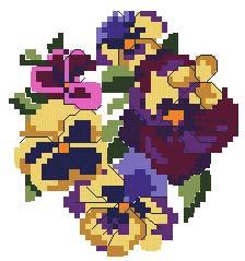Purple and Yellow Pansy Design by Ruth Schmuff #1513 14ct 3.26" x 3.54" (83x90mm) #1514 16ct 2.72 x 2.95 (69x75mm) #1515 18ct 2.54" x 2.