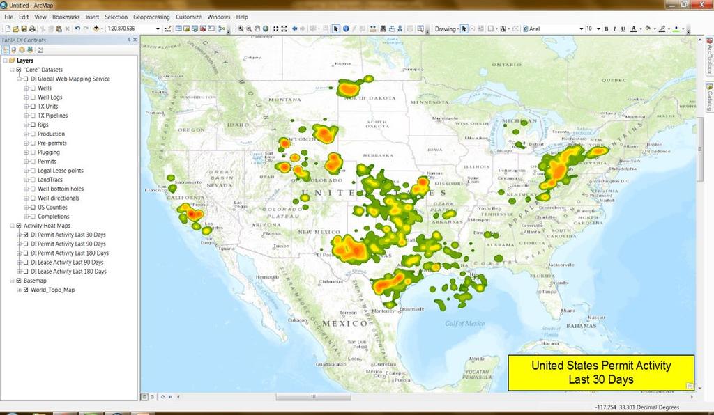 GEODATA SERVICES UNITED STATES COVERAGE OGC Standard (WMS/WFS) & ESRI Map / Feature Service Formats * ~120 Layers (Q1-2015) Lease Heat Maps Permit Heat Maps Rigs (Daily) LandTracs Pipelines Lease