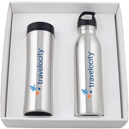 99 Stainless Steel - one each tumbler and H2go solus bottle gift set. Hand wash recommended 12" L x 11" W x 3 1/2" H Colors: Silver/Black Retail price / 72 = $19.30 AWG price / 72 = $17.