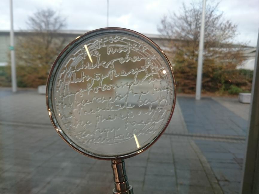 Scrutiny - exhibited at Craft in the Bay Cardiff 2015 The result of waterjet cutting my own handwriting; 100mm diameter The project led from interpreting my own handwriting to looking closely at the