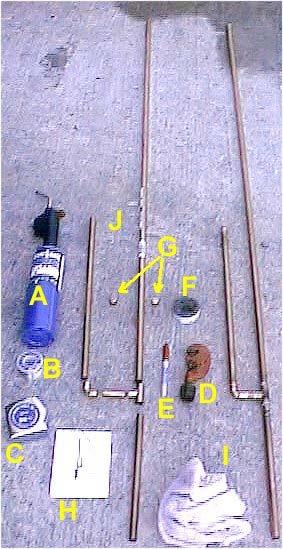 15 of 29 8/27/2007 8:20 AM A=Benz-O-Matic propane torch; B=Lead-Free solder; C=Tape measure: D=Tubing cutte r; E=Sharpie marking pen;