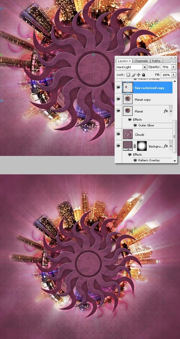 Step 20 Duplicate the "Sun copy" layer, resize it, and place the copy above the "Planet copy" layer. Make it 60% smaller, and rasterize the copy including the effects.