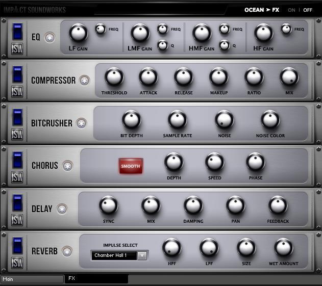 Effects Rack By default, our custom FX rack only affects the source articulation or sailing note not the ocean grains. However, this can be toggled in the upper right.