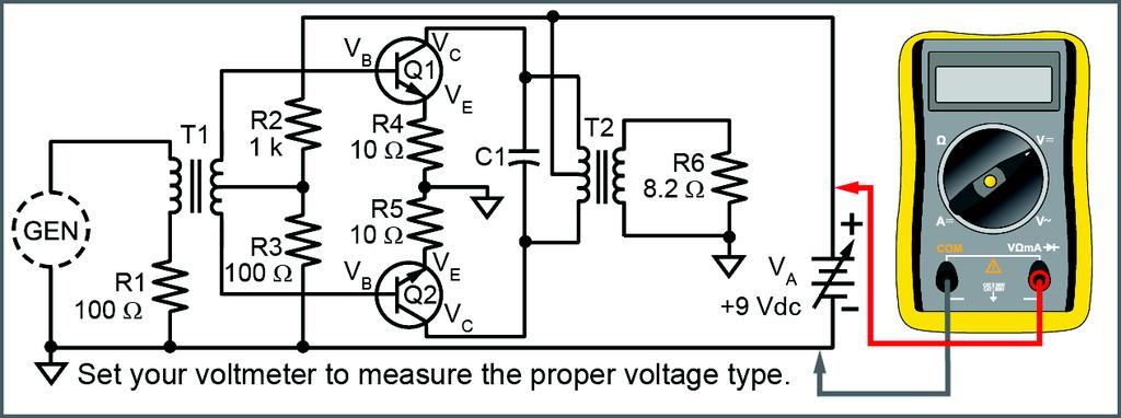 Locate the PUSH-PULL POWER AMPLIFIER circuit block, and connect the circuit shown. Adjust the positive variable supply (V A ) to 9.0 Vdc.