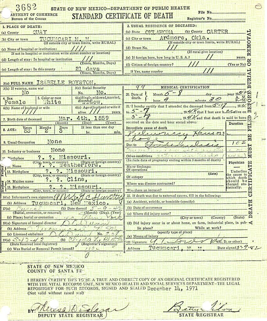 Choose one paper Death Certificate Father?? Weatherford Birthplace?? Missouri Mother?? Cline Birthplace?
