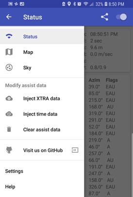 Figure 2 GNSS status, SKY view using GPSTest app Inject XTRA data: Injects XTRA assistance data for GPS into the receiver, using information from a XTRA server (XTRA files are the current GPS