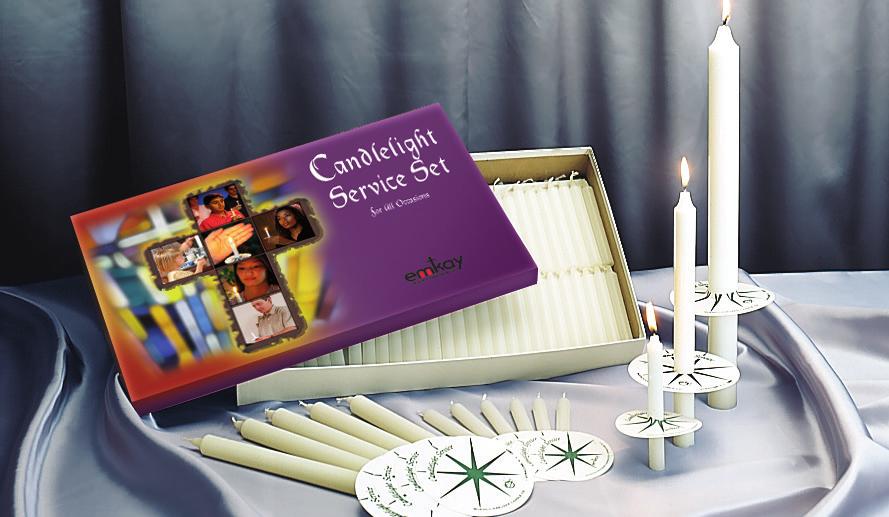 Candlelight Buyer s Guide Each Set Includes: 1 Pastor Candle 6 Usher Candles Congregation Candles Paper Drip protectors MOST POPULAR 5 Complete Candlelight Service Set Congregation Candles in this