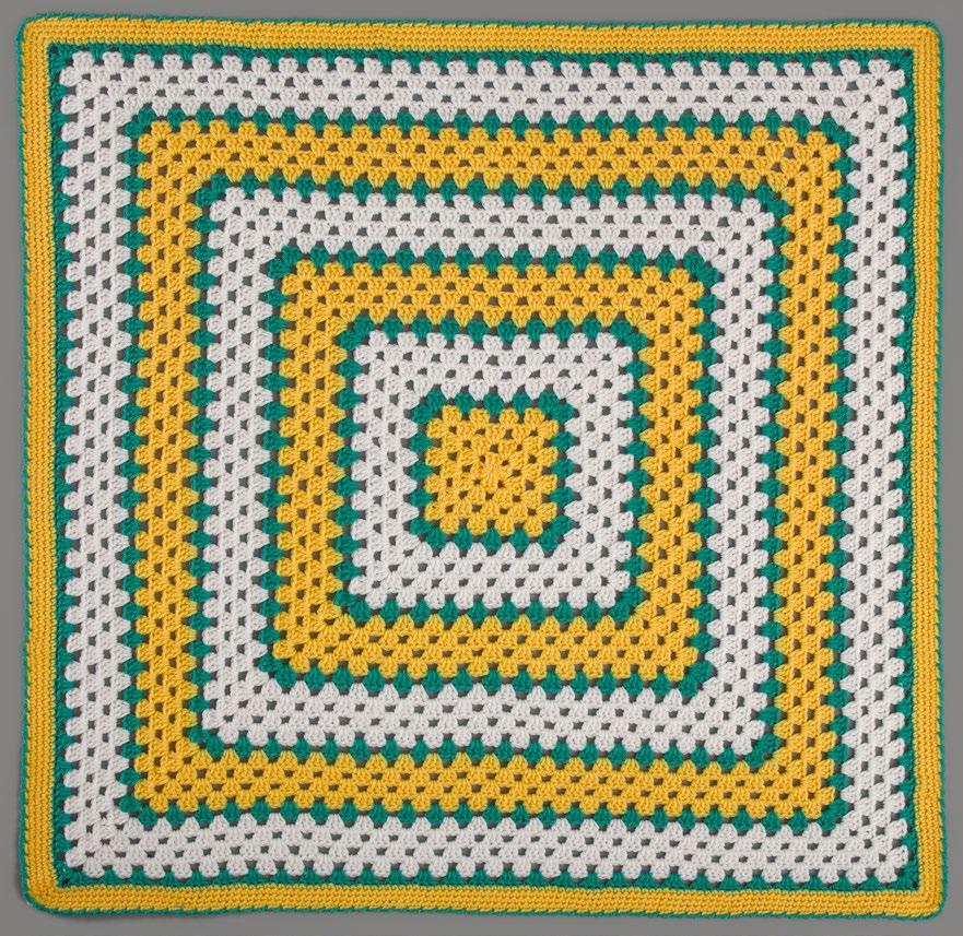 LW4950 Makin Squares Blanket Round 4: Slip st in next 2 dc, slip st in first ch-3 space, (ch 2, 2 dc, ch 3, 3 dc) in same space, *(ch 1, 3 dc) in each ch-1 space across to next ch-3 space, ch 1, (3