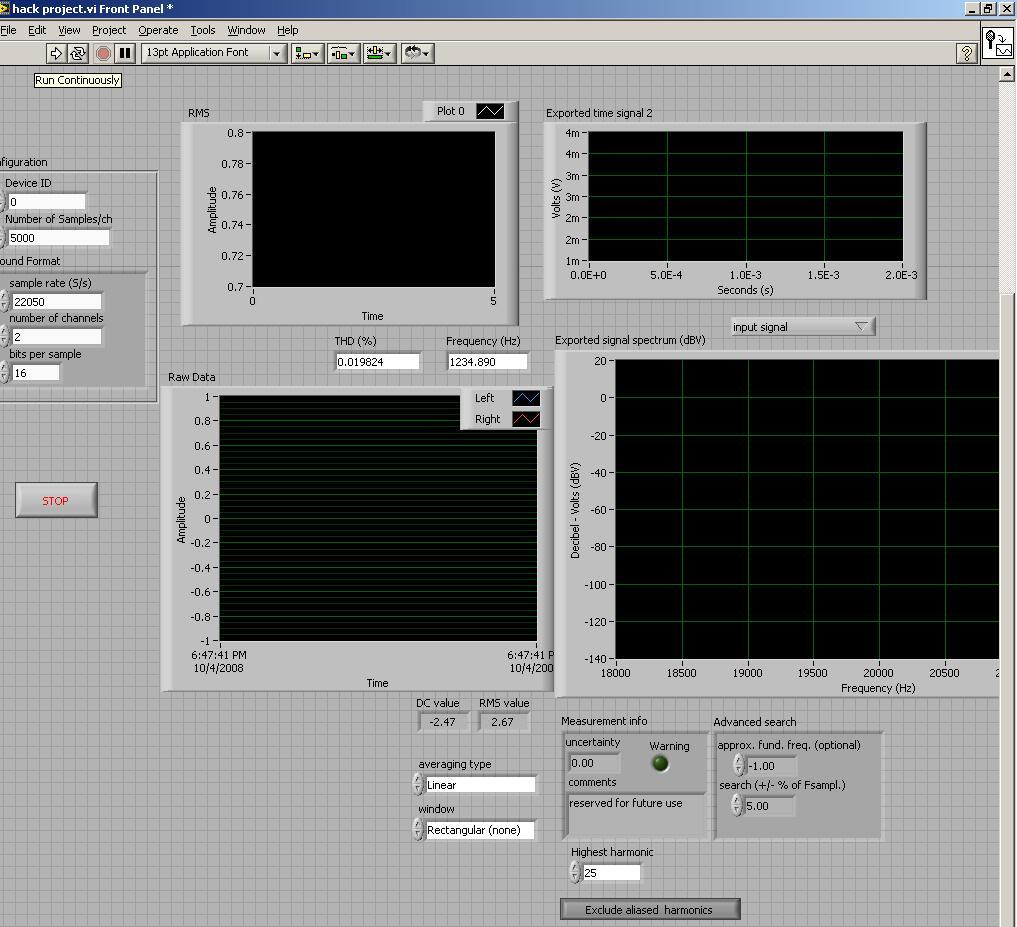 3- Labview interface developed to analyze microphone data stream, and display an FFT.