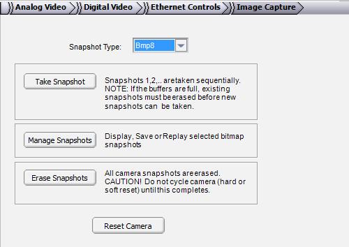 4.1 Capturing Snapshots Select the Bmp8 or the Comp14 option from the Snapshot Type dropdown menu to specify whether a 8-bit snapshot of 14-bit snapshot is desired.