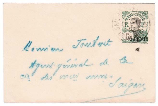 Use of 2 cent Envelope An overprinted envelope was used within Saigon on 3 January 1923, probably for