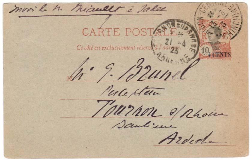 Use of 4 cent Postal Card Although the overprinted issues had been devalued in 1920, this postal card was delivered in 1923 with no apparent attempt to