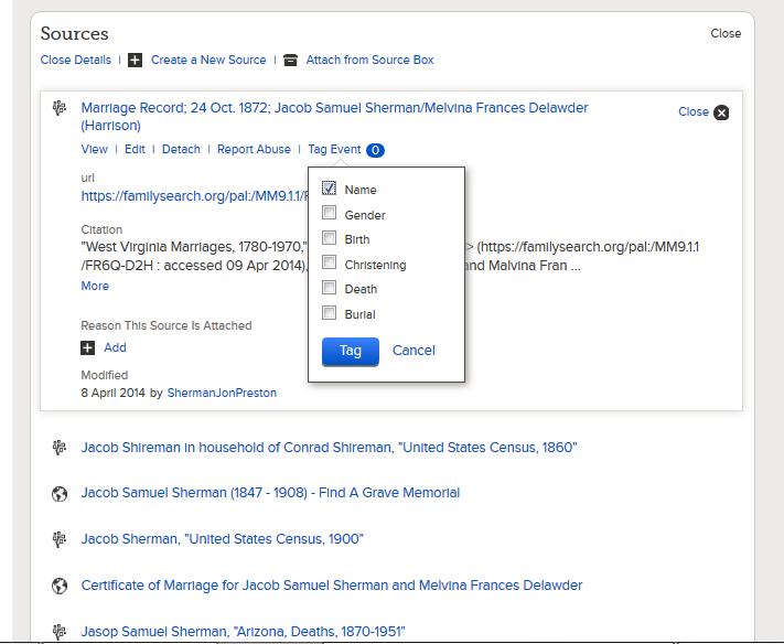 Tag Source Event to Vital Information On the ancestor s Person/Details page, click on your newly
