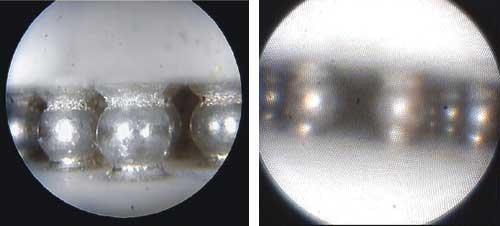 The central area under the CCGA is shown in Figure 4. The flexible endoscope, ~ 700 µm in diameter, glides along the space between the columns and inspects two rows of columns at the same time.